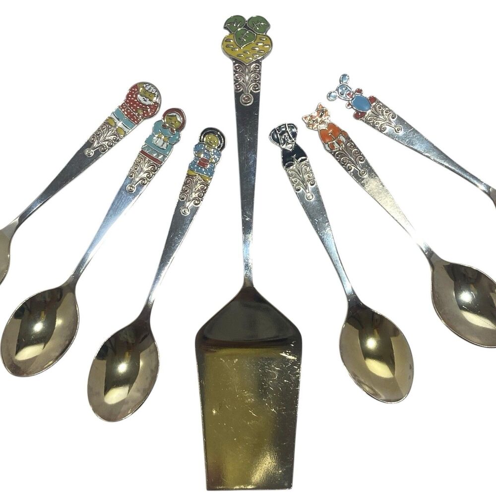 Vintage Soviet Russian Repka 6 Tea Spoon Cake Shovel Enamel Melchior Cupronickel